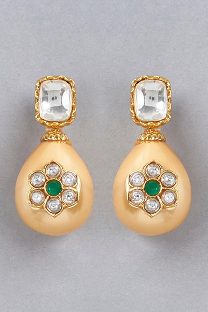 Gold Finish Shell Pearl Drop Dangler Earrings