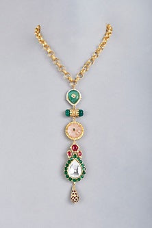 Two-Tone Finish Multi-Colored Stone Electroplated Long Necklace