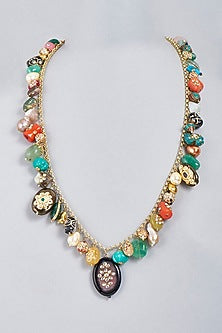 Gold Finish Multi-Colored Stone & Bead Electroplated Long Necklace