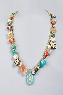 Gold Finish Multi-Colored Stone & Bead Electroplated Long Necklace