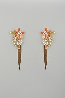 Gold Finish Orange Enameled Handcrafted Floral Dangler Earrings