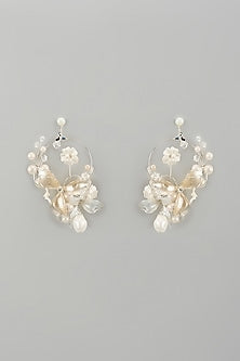 White Finish Pearl Enameled Handcrafted Floral Hoop Earrings