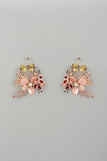 Gold Finish Pink Enameled Handcrafted Floral Hoop Earrings