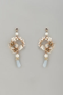 Gold Finish Blue Stone & Pearl Hoop Earrings