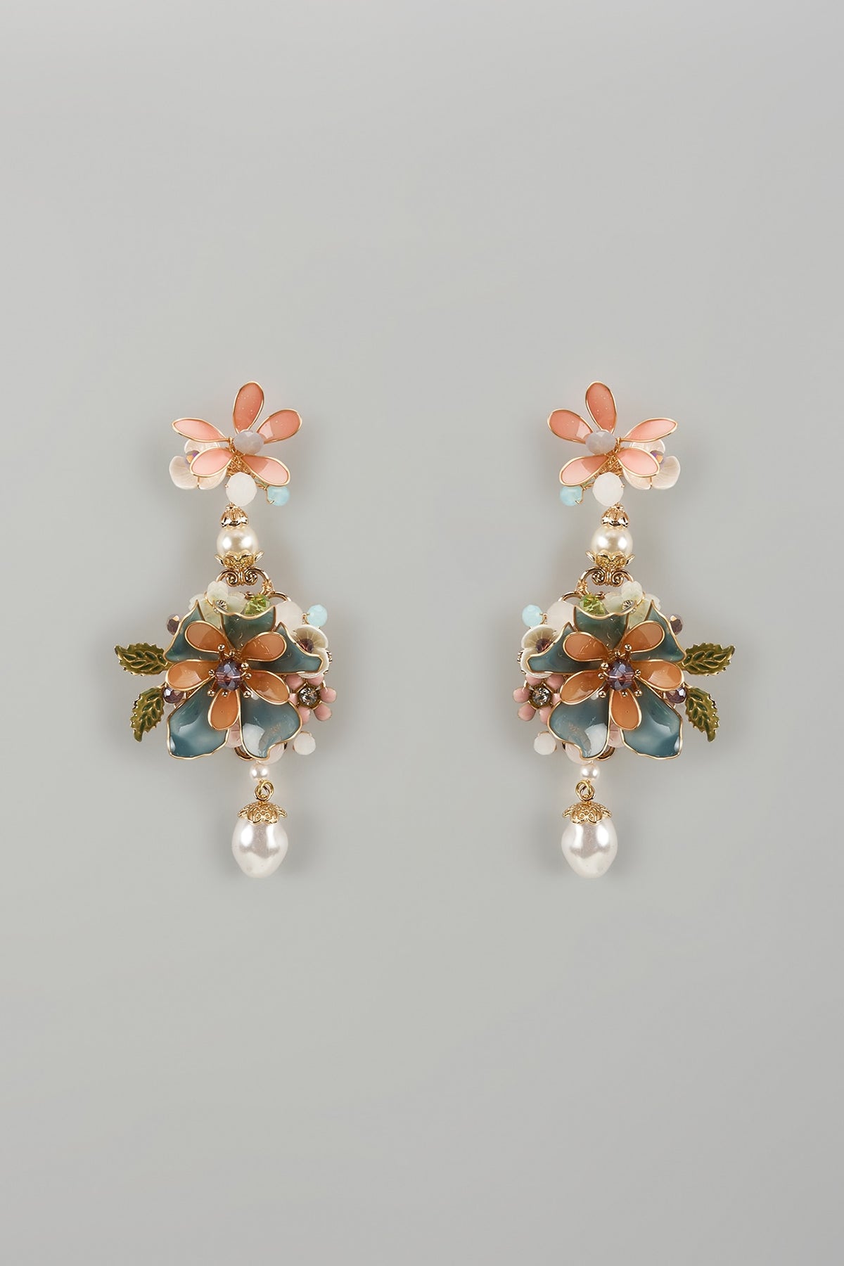Gold Finish Multi-Colored Enameled Handcrafted Floral Dangler Earrings