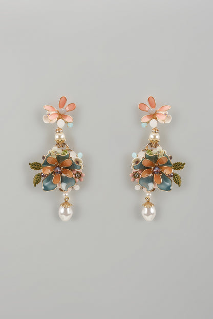 Gold Finish Multi-Colored Enameled Handcrafted Floral Dangler Earrings