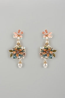 Gold Finish Multi-Colored Enameled Handcrafted Floral Dangler Earrings