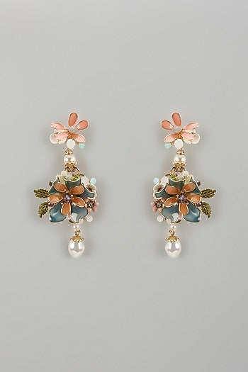 Gold Finish Multi-Colored Enameled Handcrafted Floral Dangler Earrings