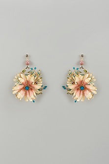 Gold Finish Pink Enameled Handcrafted Floral Hoop Earrings