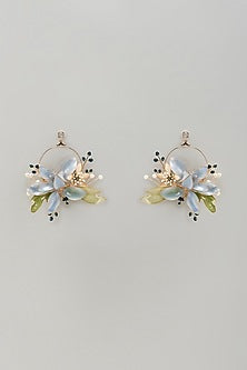 Gold Finish Blue Stone & Pearl Hoop Earrings