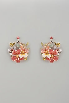 Gold Finish Pink Enameled Handcrafted Floral Hoop Earrings