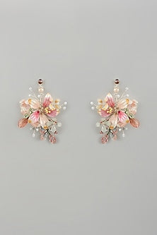 Gold Finish Pink Enameled Handcrafted Floral Dangler Earrings