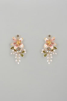 Gold Finish Pink Enameled Handcrafted Floral Dangler Earrings