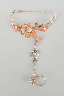 Gold Finish Orange & Blue Stone Adjustable Hathphools (Set Of 2)