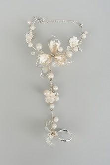 Silver Finish White Stone Adjustable Hathphools (Set Of 2)