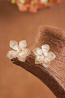 White Enameled Floral Stud Earrings