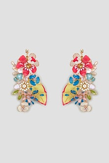 Gold Finish Multi-Colored Enameled Handcrafted Floral Dangler Earrings