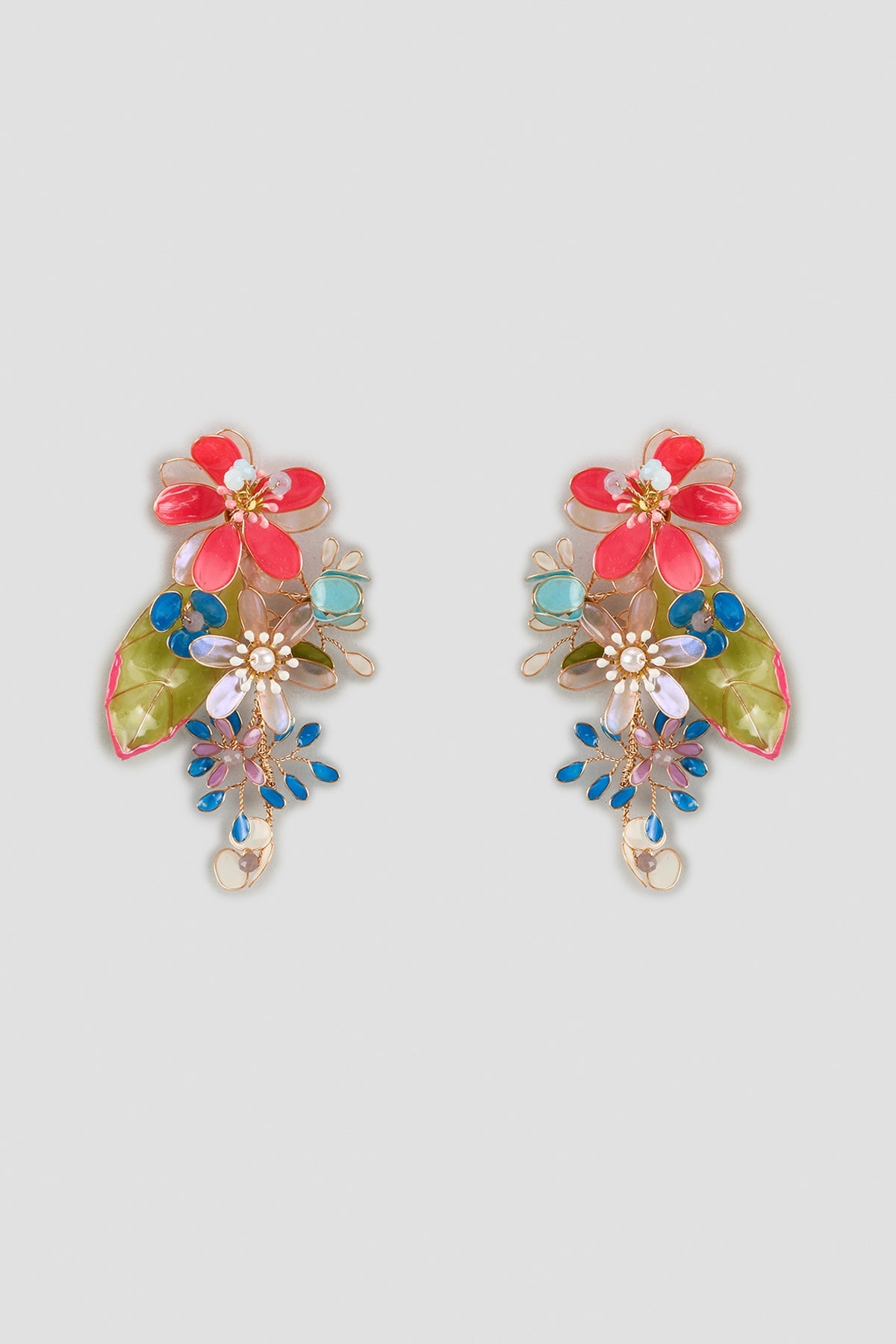 Gold Finish Multi-Colored Enameled Handcrafted Floral Dangler Earrings