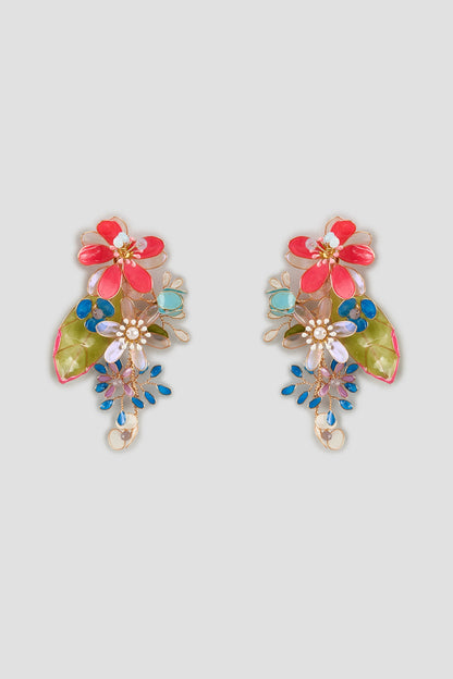 Gold Finish Multi-Colored Enameled Handcrafted Floral Dangler Earrings
