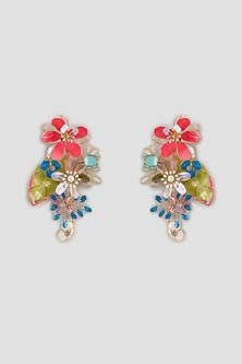 Gold Finish Multi-Colored Enameled Handcrafted Floral Dangler Earrings