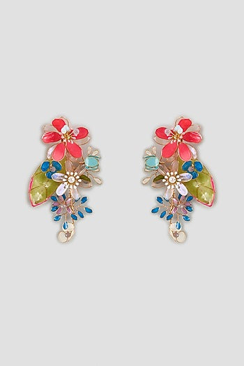 Gold Finish Multi-Colored Enameled Handcrafted Floral Dangler Earrings