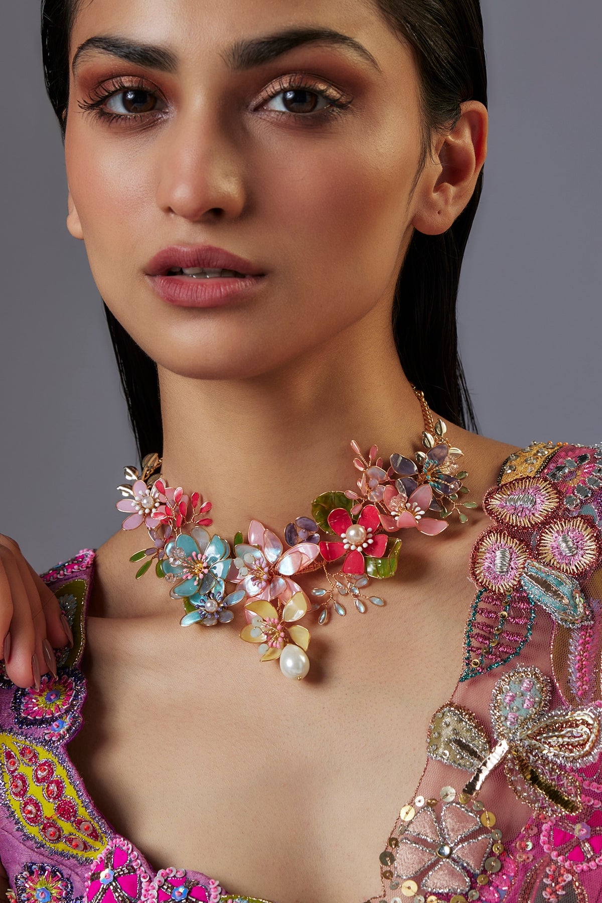 Gold Finish Pearl Multi-Colored Enameled Floral Necklace