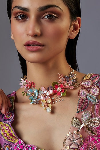 Gold Finish Pearl Multi-Colored Enameled Floral Necklace
