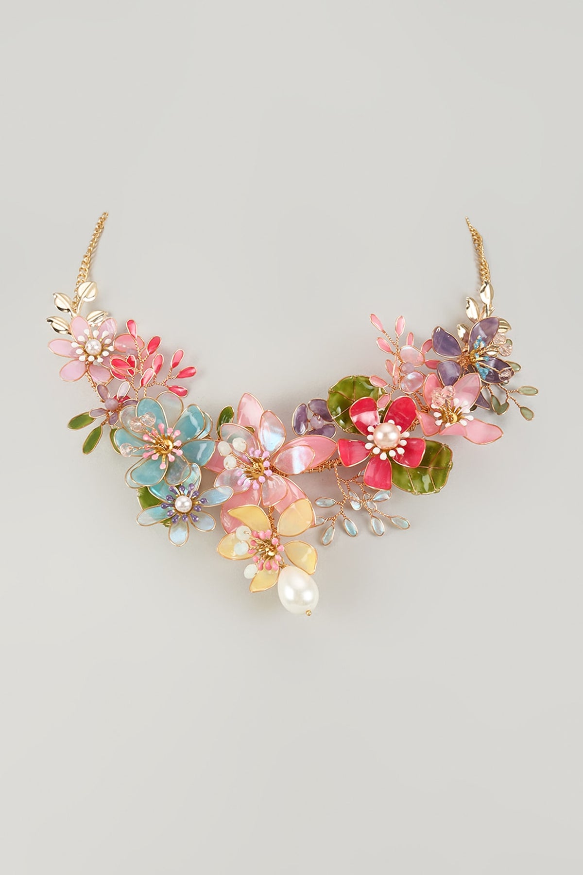 Gold Finish Pearl Multi-Colored Enameled Floral Necklace