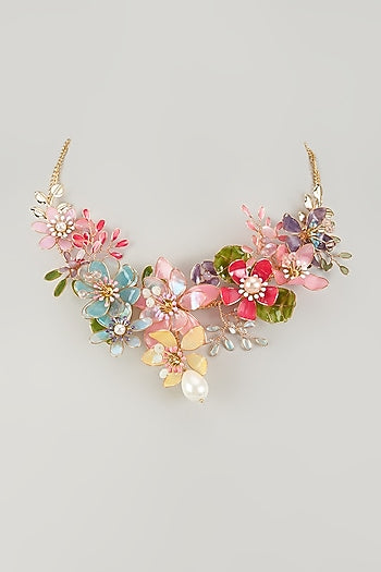 Gold Finish Pearl Multi-Colored Enameled Floral Necklace