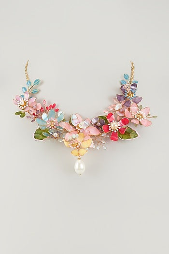 Gold Finish Pearl Multi-Colored Enameled Floral Necklace