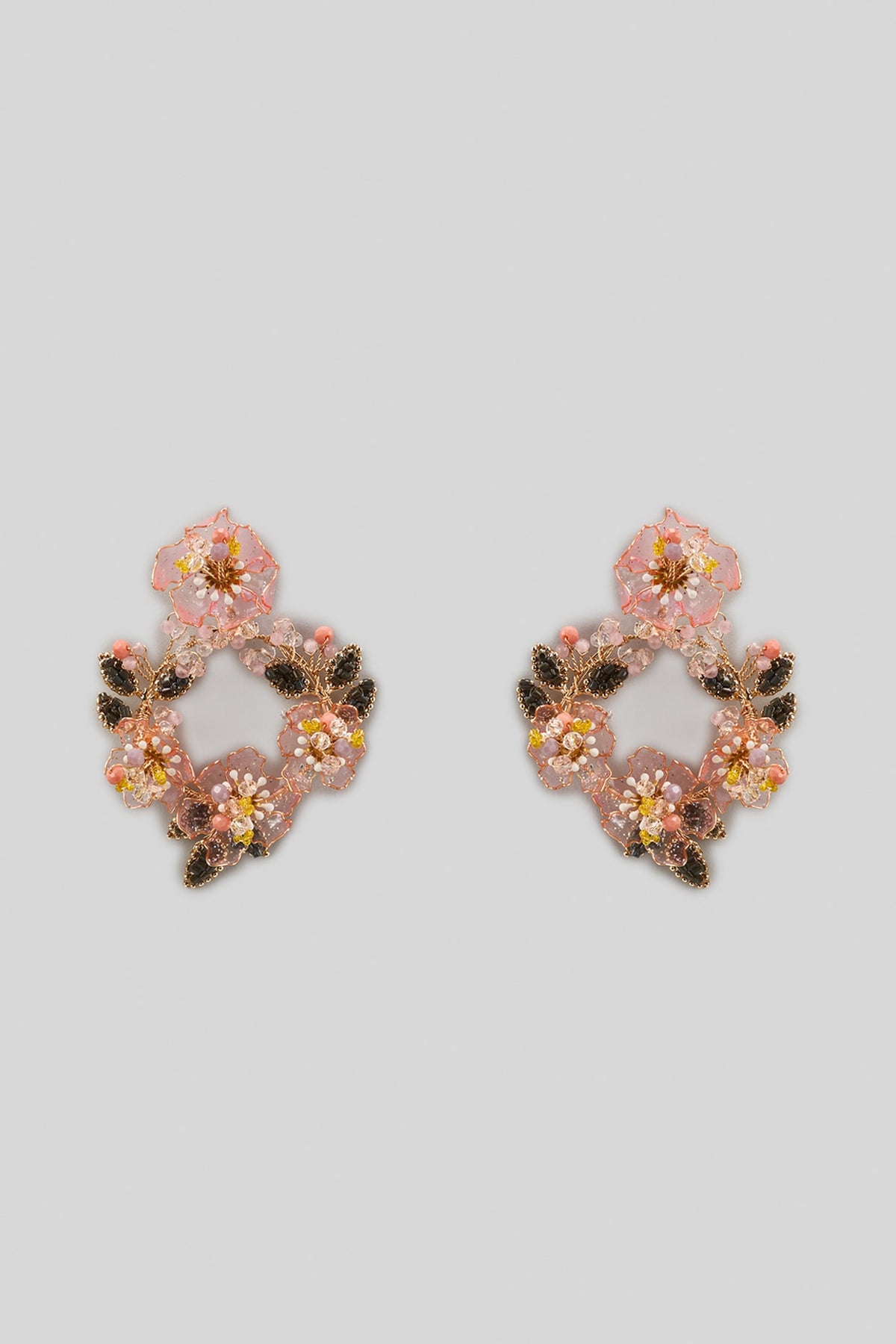 Gold Finish Pink Enameled Handcrafted Floral Earrings