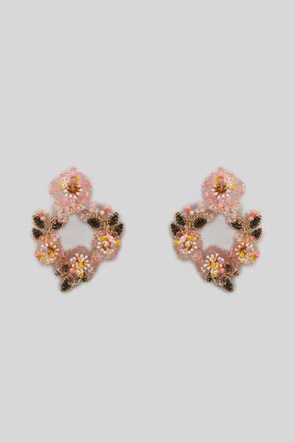 Gold Finish Pink Enameled Handcrafted Floral Earrings