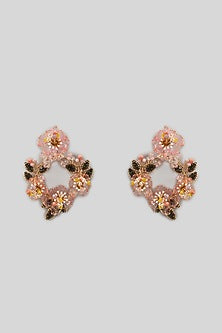 Gold Finish Pink Enameled Handcrafted Floral Earrings