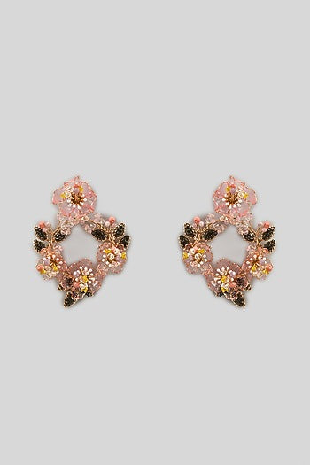 Gold Finish Pink Enameled Handcrafted Floral Earrings