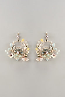 Gold Finish Blue Enameled Handcrafted Floral Hoop Earrings
