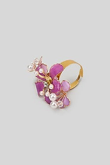 Gold Finish Purple Enameled Handcrafted Adjustable Floral Ring