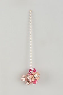 Gold Finish Pink Pearl Enameled Handcrafted Floral Maangtikka