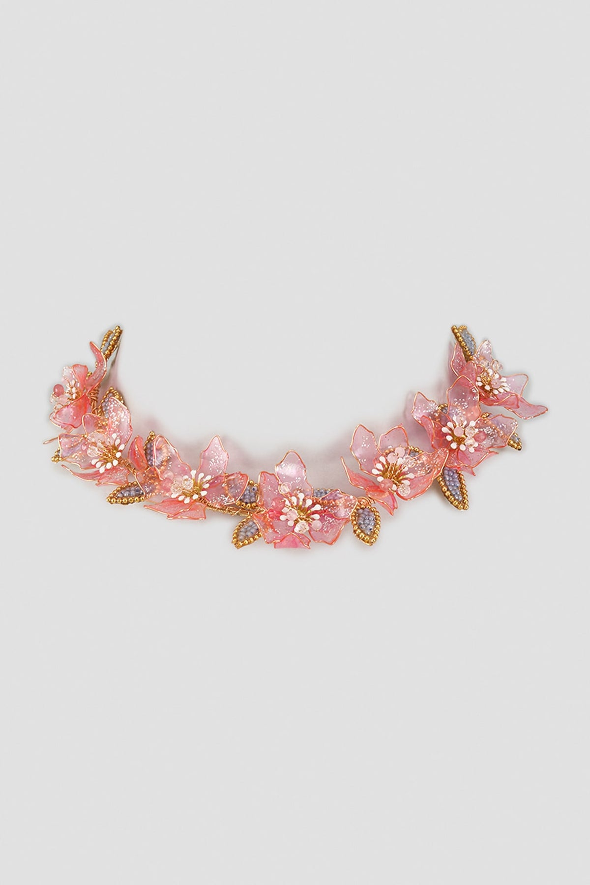 Gold Finish Floral Pink Enameled Handcrafted Adjustable Choker Necklace
