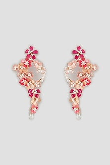 Gold Finish Pink Pearl Enameled Handcrafted Floral Hoop Earrings