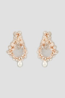 Gold Finish Pearl Enameled Handcrafted Floral Dangler Earrings