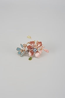 Gold Finish Peach Enameled Handcrafted Floral Ring