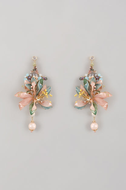 Gold Finish Multi-Colored Enameled Handcrafted Floral Dangler Earrings