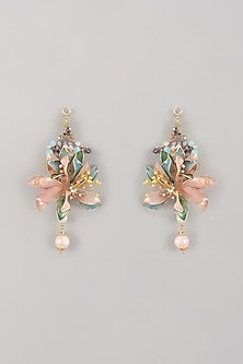 Gold Finish Multi-Colored Enameled Handcrafted Floral Dangler Earrings