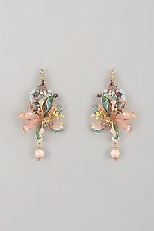 Gold Finish Multi-Colored Enameled Handcrafted Floral Dangler Earrings