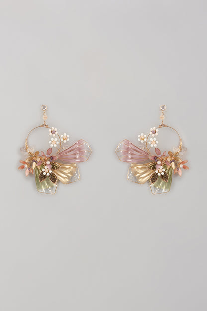 Gold Finish Multi-Colored Enameled Handcrafted Floral Dangler Earrings