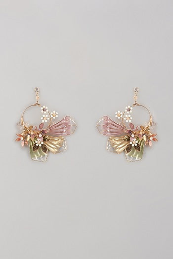 Gold Finish Multi-Colored Enameled Handcrafted Floral Dangler Earrings