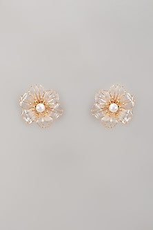 Gold Finish White Enameled Handcrafted Floral Stud Earrings