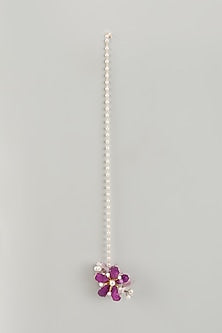 Gold Finish Purple Pearl Enameled Handcrafted Floral Maangtikka