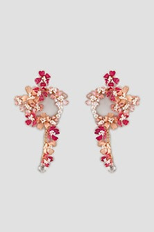 Gold Finish Pink Enameled Handcrafted Floral Hoop Earrings