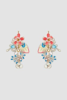 Gold Finish Multi-Colored Enameled Handcrafted Floral Dangler Earrings